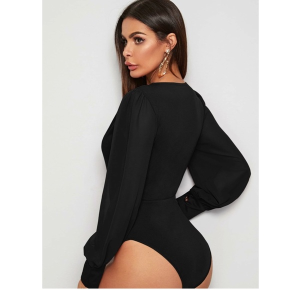 Black Elegant V neck Bodysuit Long Bishop Sheer Sleeves - Picture 5 of 8